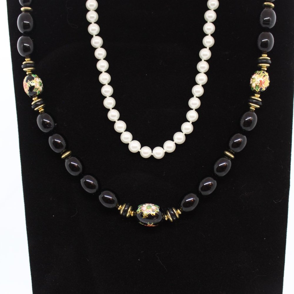 2 beaded necklaces. Faux Pearls and Faux cloisonne